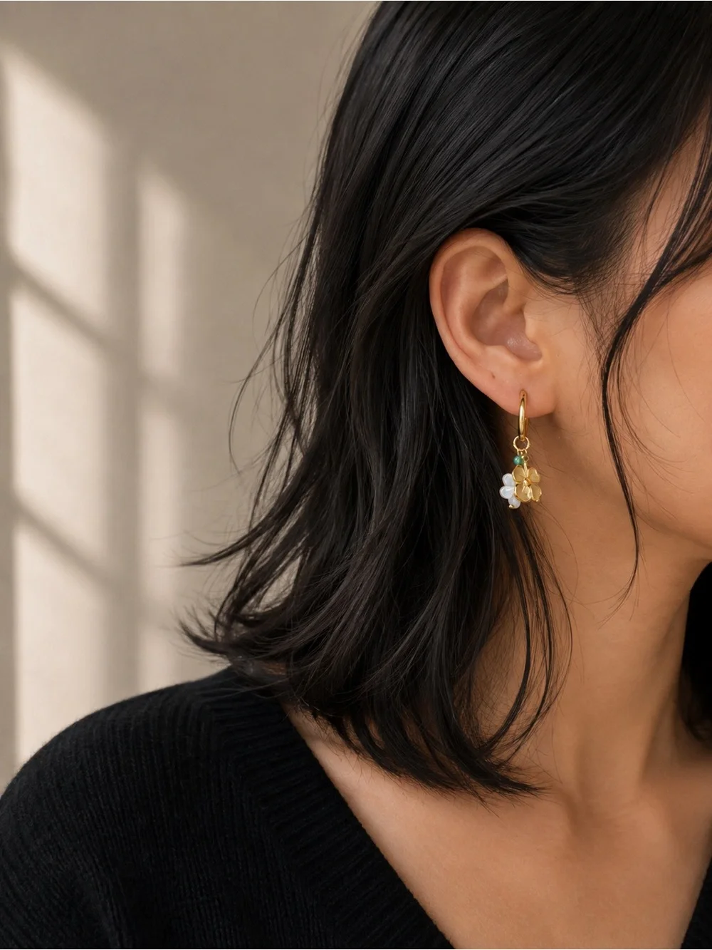 Gold Stainless Steel Flower Charm Drop Earrings